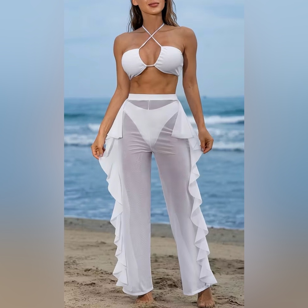 3pc White Crisscross Top Bikini Set with Sheer Mesh Ruffle Cover-Up Pants - Picture 4 of 12